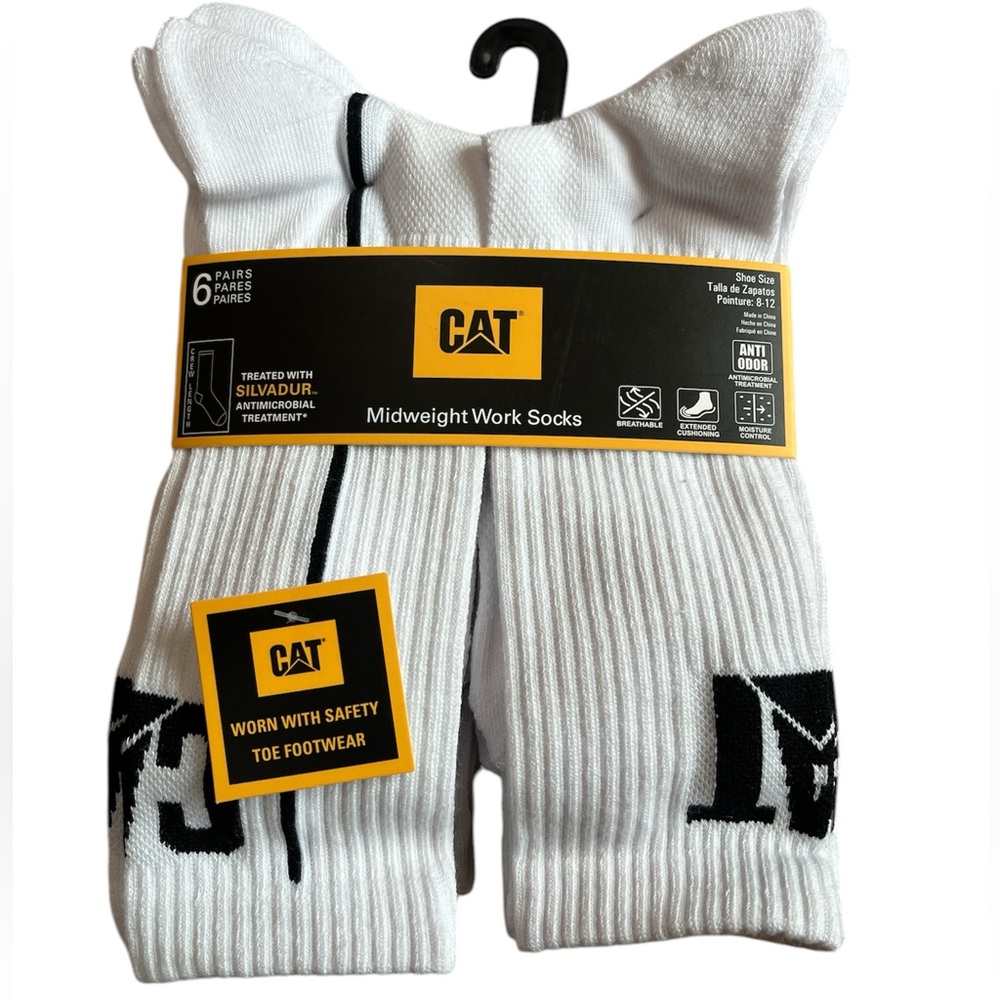 CATERPILLAR MIDWEIGHT CREW LENGTH SAFETY TOE FOOTWEAR BOOT SOCKS WHITE Size 8-12